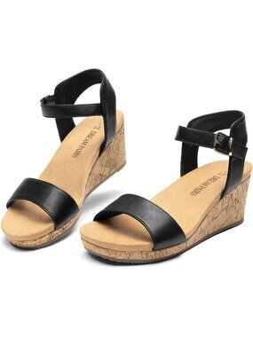 Dream Pairs Women's Black Pu Open Toe Cushioned Platform Wedge Heel Flat Sandals
